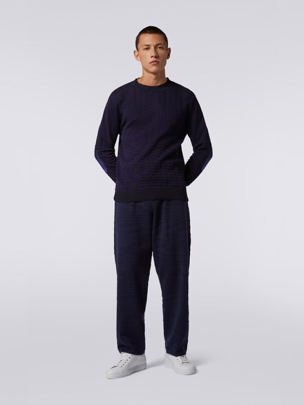 Cotton and viscose crew-neck jumper with chevron inserts, Dark Blue - US23SN07BK021TS729C
