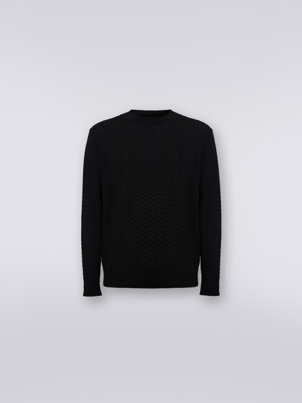 Cotton and viscose crew-neck jumper with chevron inserts, Black    - US23SN07BK021TS91EO
