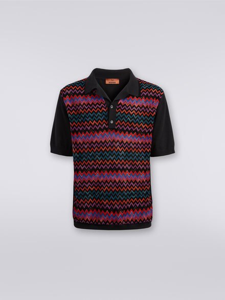 Short-sleeved polo shirt in cotton, viscose and silk chevron, Black    - US23W203BK026MSM8WN