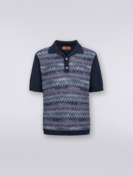Kurzärmeliges Poloshirt aus Baumwolle, Viskose und Seide mit Chevronmuster, Marineblau  - US23W203BK026MSM8Y1