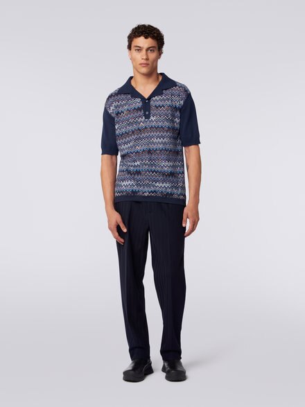 Short-sleeved polo shirt in cotton, viscose and silk chevron, Navy Blue  - US23W203BK026MSM8Y1