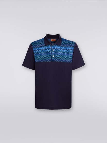 Short-sleeved cotton jersey polo shirt with zigzag inserts , Blue - US23W209BJ00B5SM8Z5