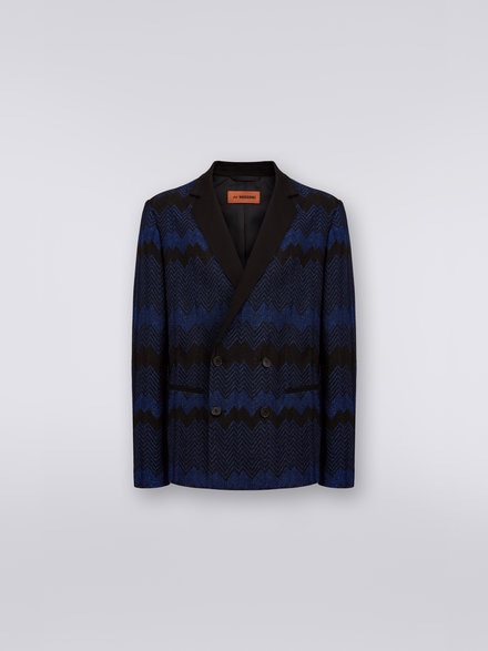 Double-breasted viscose chevron jacket with lurex, Blue - US23WF03BR00O1S72B3