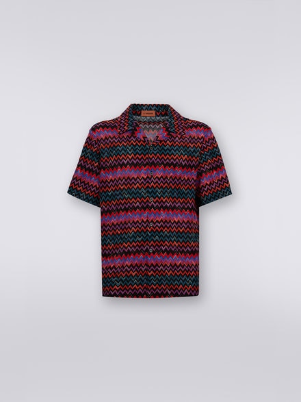 Kurzärmeliges Bowlinghemd aus Baumwolle und Viskose mit Zickzackmuster, Schwarz    - US23WJ08BR00OUSM8WN