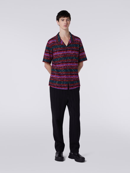 Short-sleeved bowling shirt in zigzag cotton and viscose, Black    - US23WJ08BR00OUSM8WN
