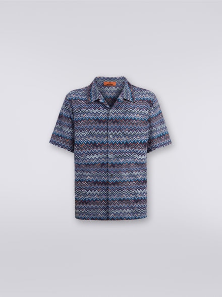 Chemise style bowling à manches courtes en coton et viscose zigzag, Bleu Marine  - US23WJ08BR00OUSM8Y1