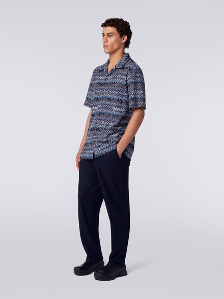 Short-sleeved bowling shirt in zigzag cotton and viscose, Navy Blue  - US23WJ08BR00OUSM8Y1