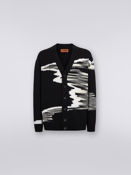 Cardigan en maille de laine avec empiècement flammé, Noir & Blanc - US23WM02BK025VF9001