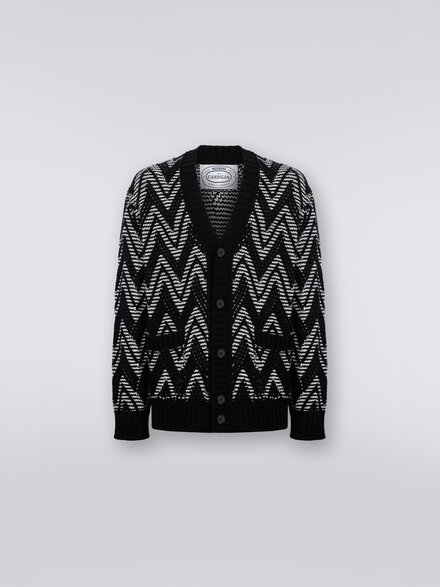 Wool cardigan with two-tone zigzag, Black & White - US23WM06BK026HS91GM