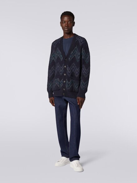 Cardigan aus Baumwollmischgewebe mit V-Ausschnitt und Zickzackmuster, Marineblau  - US23WM0JBK029KS72FN