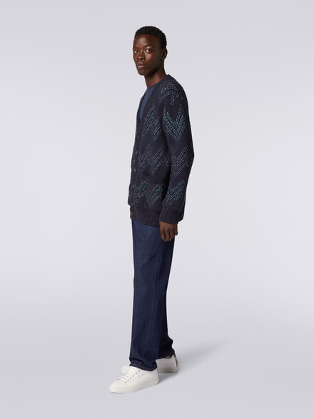 Cardigan aus Baumwollmischgewebe mit V-Ausschnitt und Zickzackmuster, Marineblau  - US23WM0JBK029KS72FN