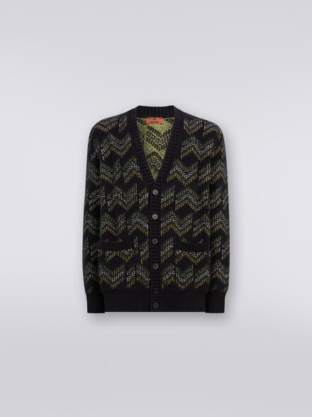 Cotton blend V-neck cardigan, Green & Black - US23WM0LBK029JSM9B1