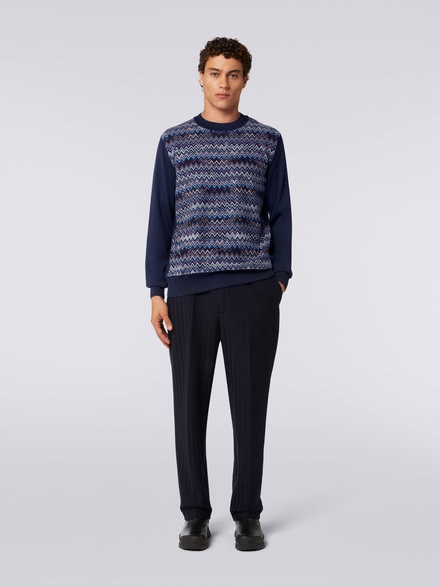 Cotton, silk and viscose chevron crew-neck pullover, Navy Blue  - US23WN0MBK026MSM8Y1