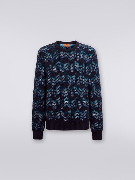 Cotton blend crew-neck sweater with zigzag pattern, White & Blue - US23WN0SBK029JSM95S