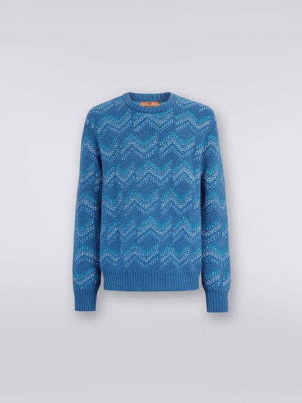 Cotton blend crew-neck sweater with zigzag pattern, White & Navy Blue - US23WN0SBK029JSM96C