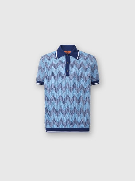 Kurzärmeliges Poloshirt aus Baumwolle mit Zickzackmuster und kontrastierenden Abschlüssen, Blau - US24S209BK034YS72F8