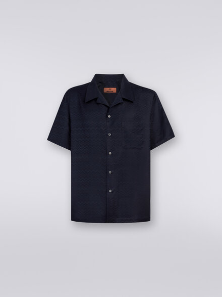 Short-sleeved chevron cotton blend bowling shirt, Dark Blue - US24SJ09BW00RT93924