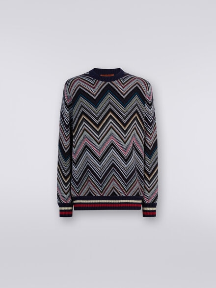 Crew-neck pullover in chevron cotton blend, Blue - US24SN00BC003YS72EV