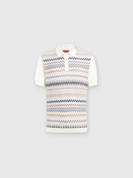 Zigzag cotton knit polo shirt with solid color inserts, White & Multicoloured   - US24W209BK040USM9GY