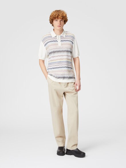 Zigzag cotton knit polo shirt with solid color inserts, White & Multicoloured   - US24W209BK040USM9GY