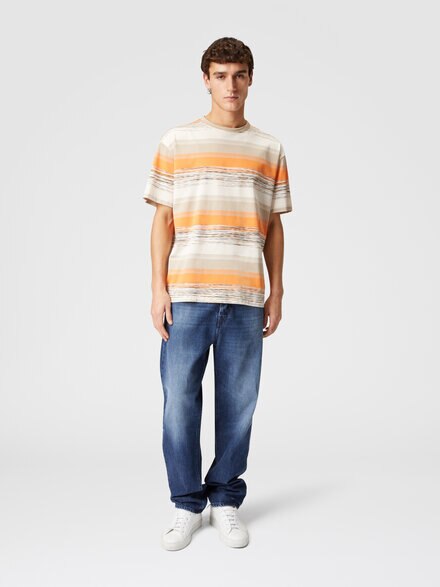 Striped cotton jersey T-shirt with logo, Orange & Beige - US24WL03BJ00KXS207W