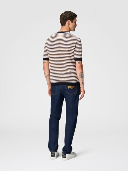 Zigzag cotton knit T-shirt with contrasting piping, Beige & Blue - US24WL07BK039QS01D2