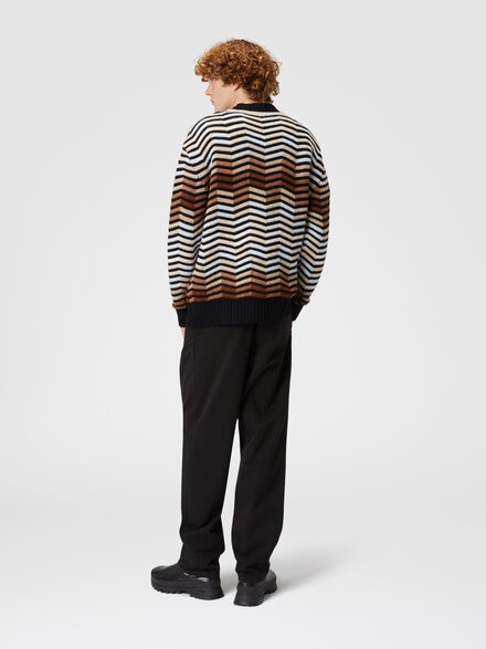 Woll-Cardigan mit Makro-Zick-Zack und kontrastierender Paspel, Braun - US24WM05BK037OS80C1