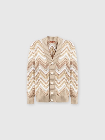 Cotton and wool blend cardigan with macro zig zag, Beige - US24WM0NBK039SS01D9
