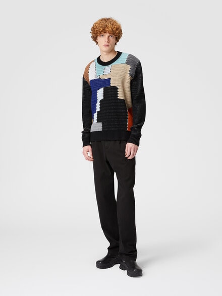Wollpullover mit Rundhalsausschnitt und Inlay, Schwarz & Mehrfarbig  - US24WN0GBK039HSM9GW