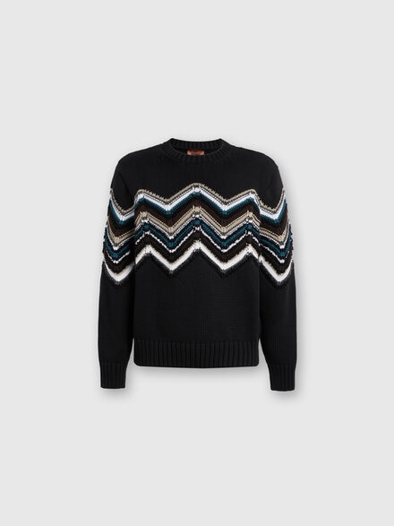 Crewneck pullover in wool and cotton blend with macro zig zag, Multicoloured  - US24WN0MBK039SSM9H0