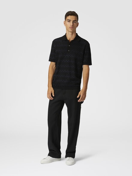 Polo de punto en zigzag de mezcla de algodón y viscosa, Negro & Azul Oscuro - US25S203BK0040S91NF