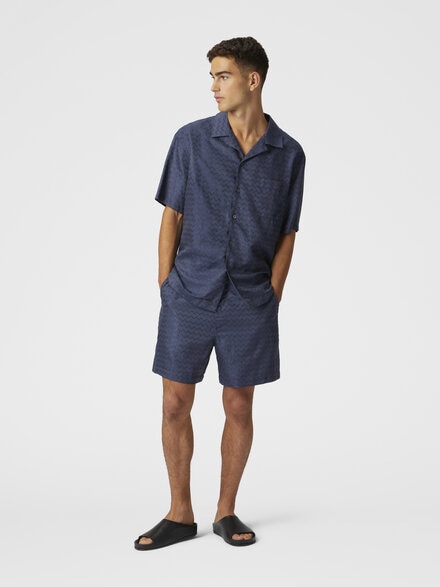 Tailored shorts in cotton, viscose and linen with shiny zigzag pattern, Blue - US25SI0BBW00VA93924