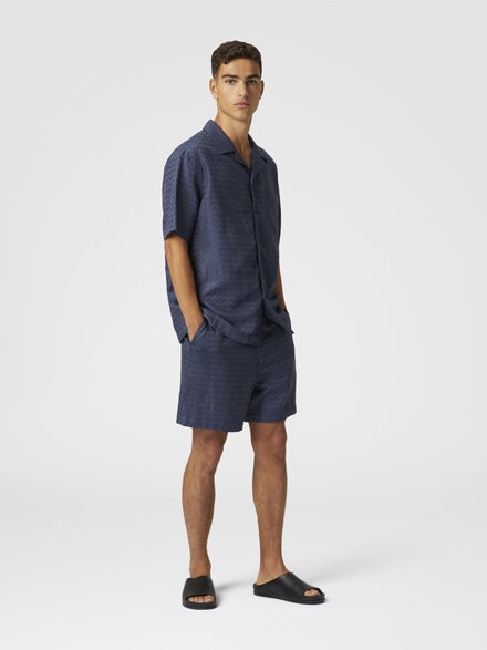 Cotton, viscose and linen bowling shirt with shiny zigzag pattern, Blue - US25SJ05BW00VA93924