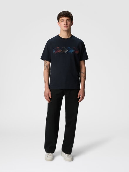 Camiseta de algodón con cuello redondo y aplicación en zig zag degradado, Azul Oscuro - US25SL0LBJ00NNS72JY