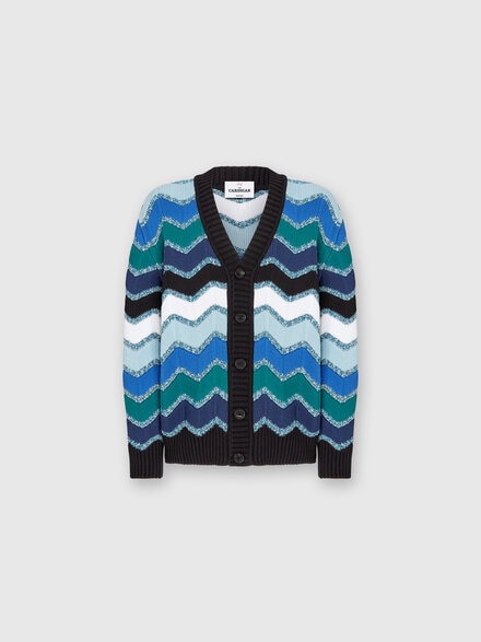 Cardigan with macro zigzag and mélange details, Blue & Green - US25SM06BK044LS72JR