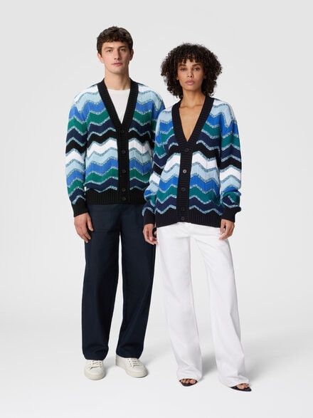 Cardigan with macro zigzag and mélange details, Blue & Green - US25SM06BK044LS72JR