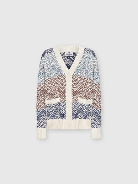 Crochet knit cardigan with macro zigzag and pockets, Multicoloured  - US25SM0ABK044TSM9LN