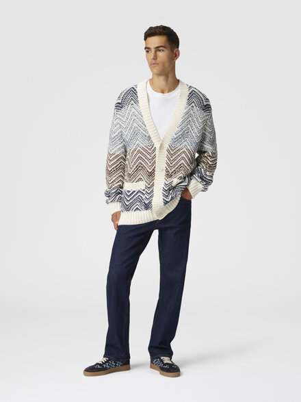 Crochet knit cardigan with macro zigzag and pockets, Multicoloured  - US25SM0ABK044TSM9LN