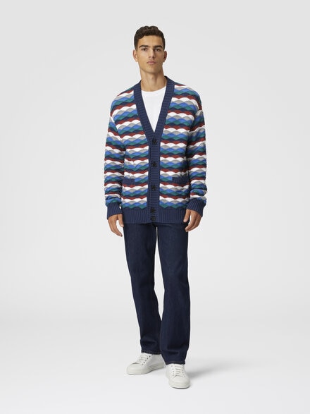 Cotton-blend cardigan with wave pattern and contrasting piping, Blue & Green - US25SM0BBK045ISM9M5