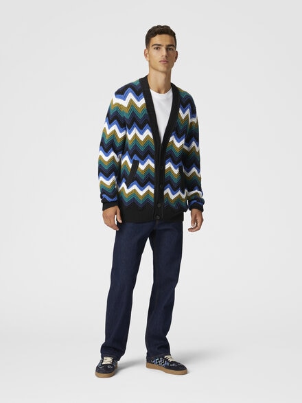 Cárdigan de punto chevron con bolsillos y ribetes en contraste, Azul Oscuro - US25SM0EBK01ARS72KT