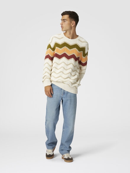 Crew-neck pullover with macro zigzag and mélange details, White  & Orange - US25SN09BK044LS01FX