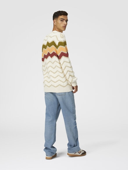 Crew-neck pullover with macro zigzag and mélange details, White  & Orange - US25SN09BK044LS01FX