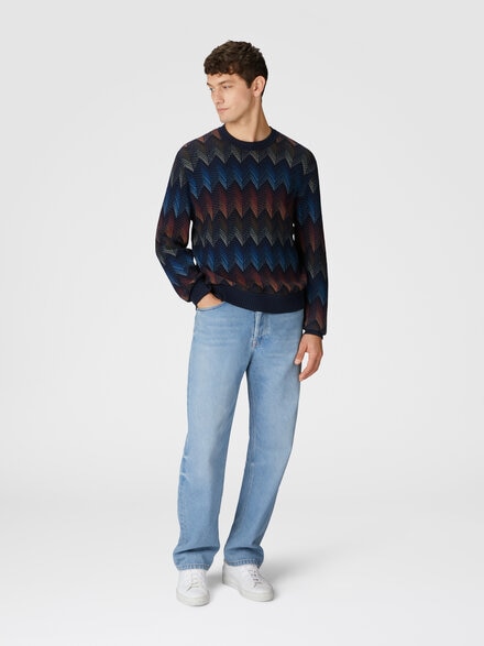Pullover mit Rundhalsausschnitt aus Baumwoll-Chevron-Mix mit Farbverlauf und kontrastierender Paspel, Blau - US25SN0HBC0050S91N2