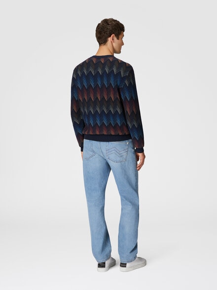 Pullover mit Rundhalsausschnitt aus Baumwoll-Chevron-Mix mit Farbverlauf und kontrastierender Paspel, Blau - US25SN0HBC0050S91N2