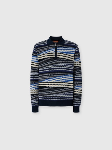Long Sleeve Polo with Zip and Striped Zigzag Pattern, Blue - US25W207BK01CTSM9RY