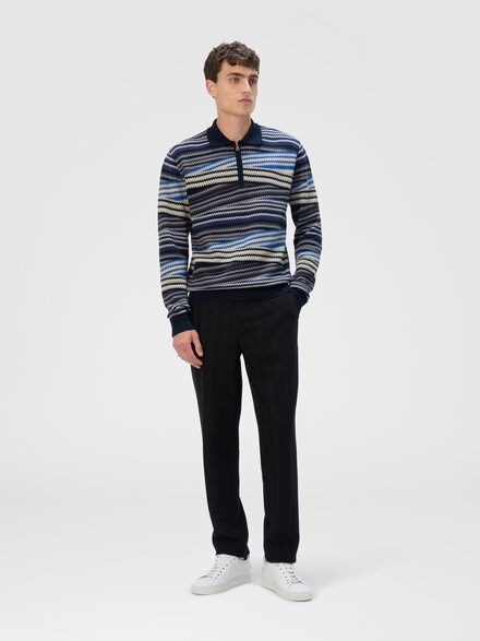 Polo de manga larga con cremallera y zigzag rayado, Azul Oscuro - US25W207BK01CTSM9RY