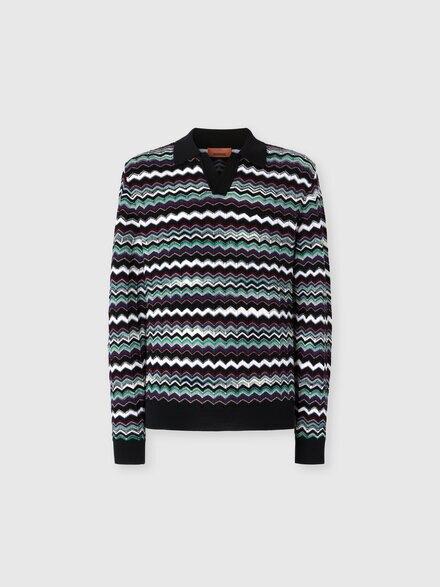 Long Sleeve Polo with V-Neck and Zigzag Pattern, Blue & Green - US25W208BK01CUS72MF
