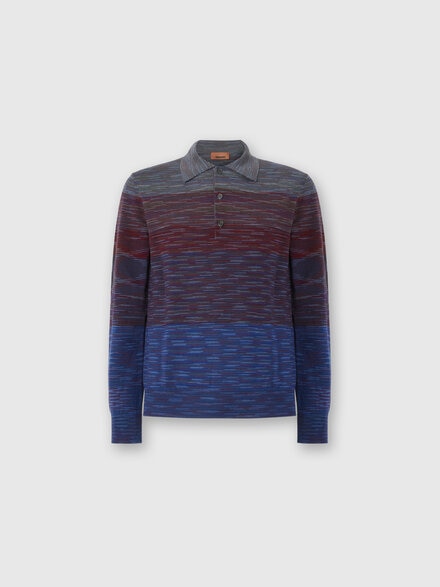 Long Sleeve Polo in Pure Wool with Flame Pattern, Red & Blue - US25W20CBK015US417M