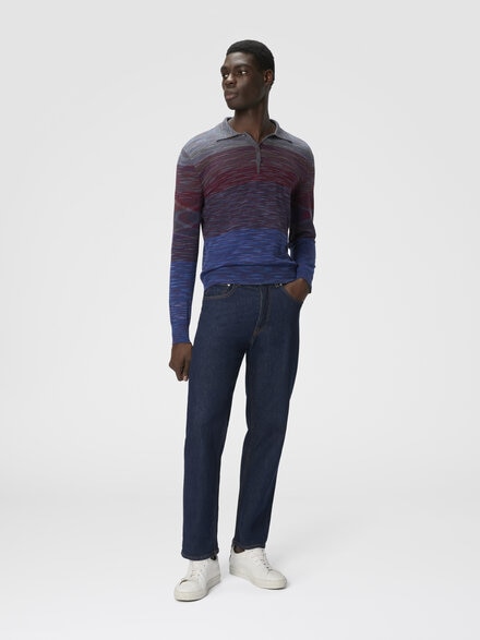 Polo de manga larga de pura lana con motivo flameado, Rojo & Azul Oscuro - US25W20CBK015US417M