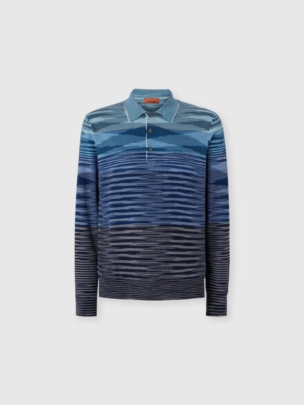 Long Sleeve Polo in Pure Wool with Flame Pattern, Blue - US25W20CBK015US72MN